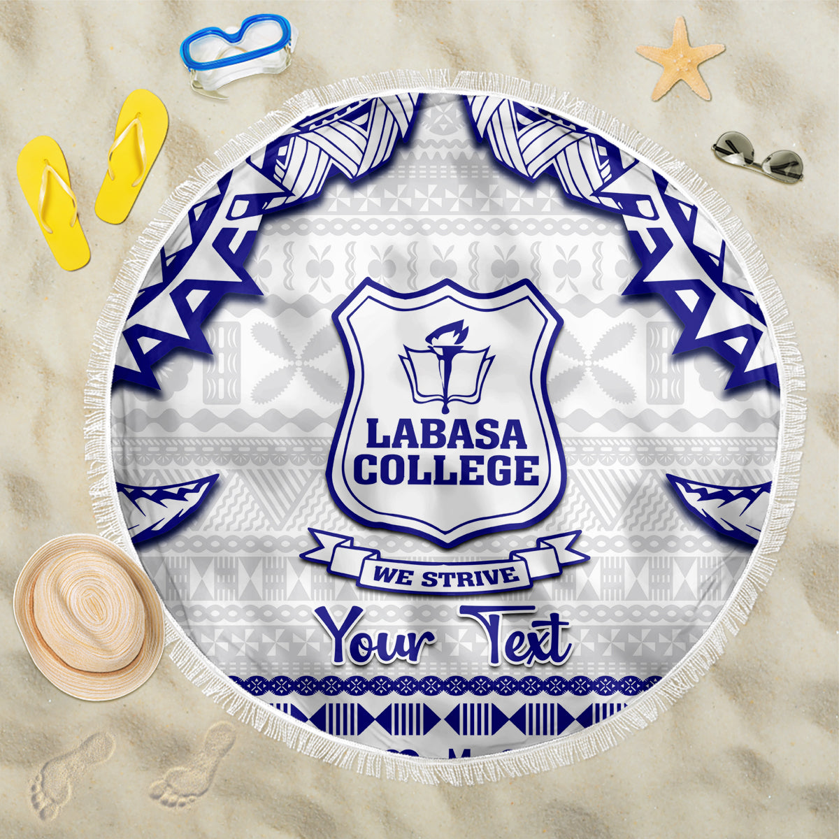 Personalised round beach blanket, white with blue crest and geometric border, fringed edge