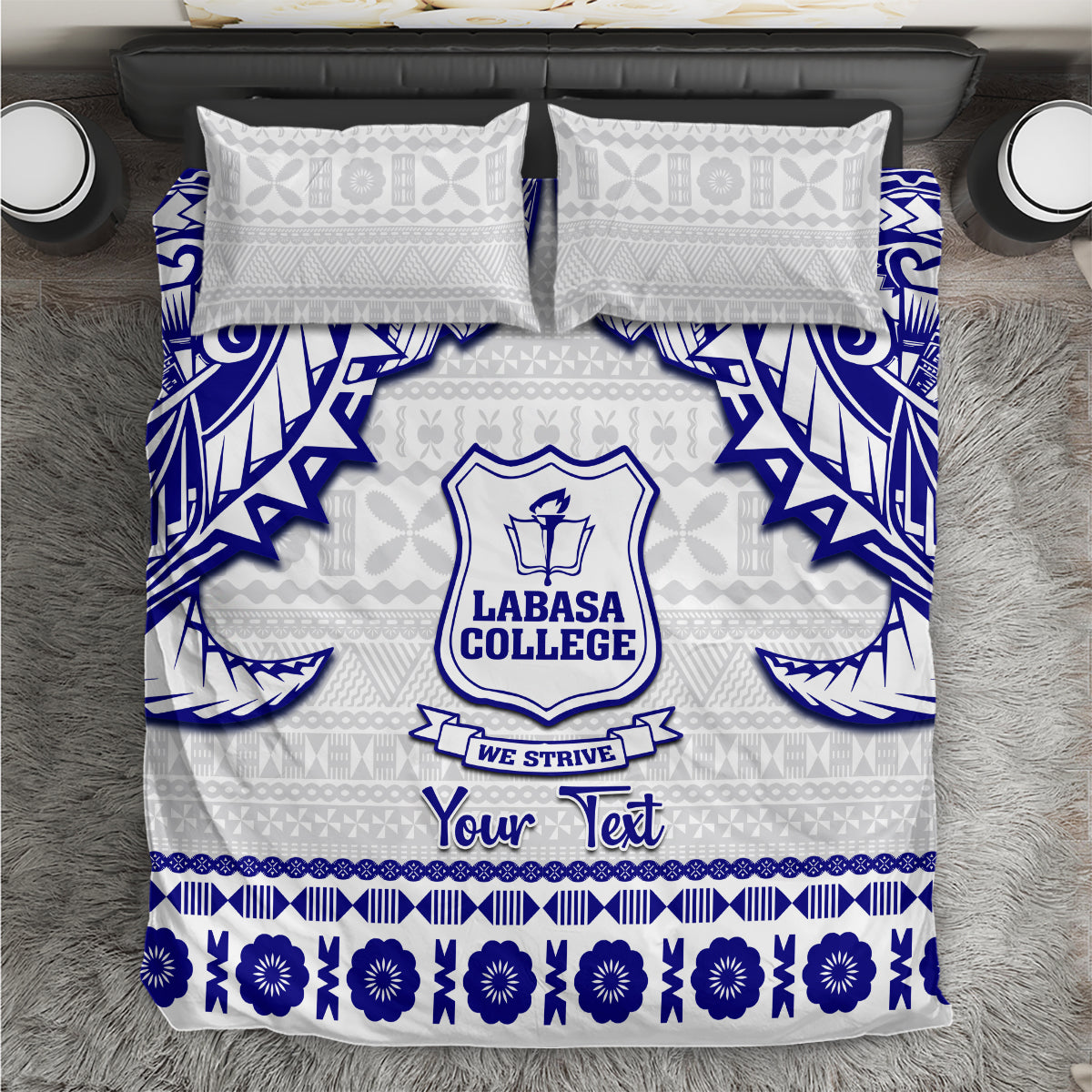 Personalized bedding set with white and blue tapa pattern, college crest, and "Your Text"