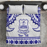 Personalized bedding set with white and blue tapa pattern, college crest, and "Your Text"