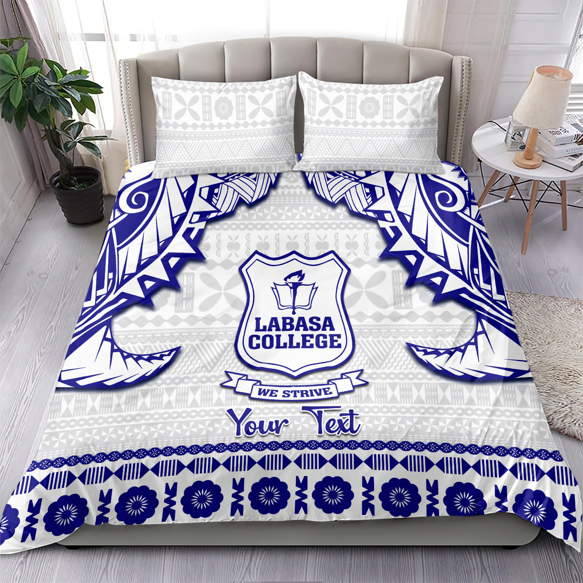 Tapa-pattern bedding set, white and blue, with two matching pillowcases and college crest