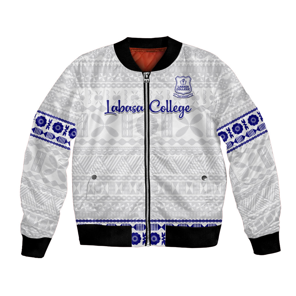 White bomber jacket with zip, blue Labasa College logo, black ribbed cuffs and hem