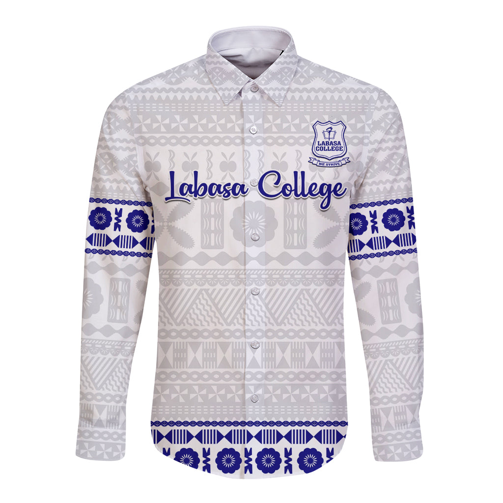 White long-sleeve button shirt with gray Fijian tapa pattern and blue Labasa College print