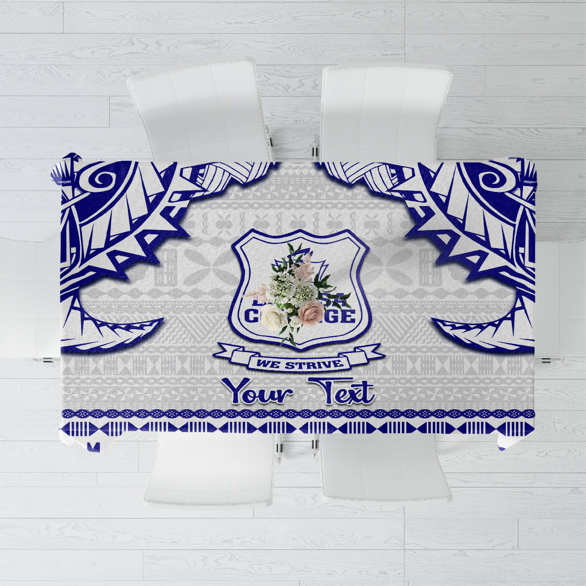 Personalised tablecloth with blue-and-white tapa pattern and crest, centered “Your Text”