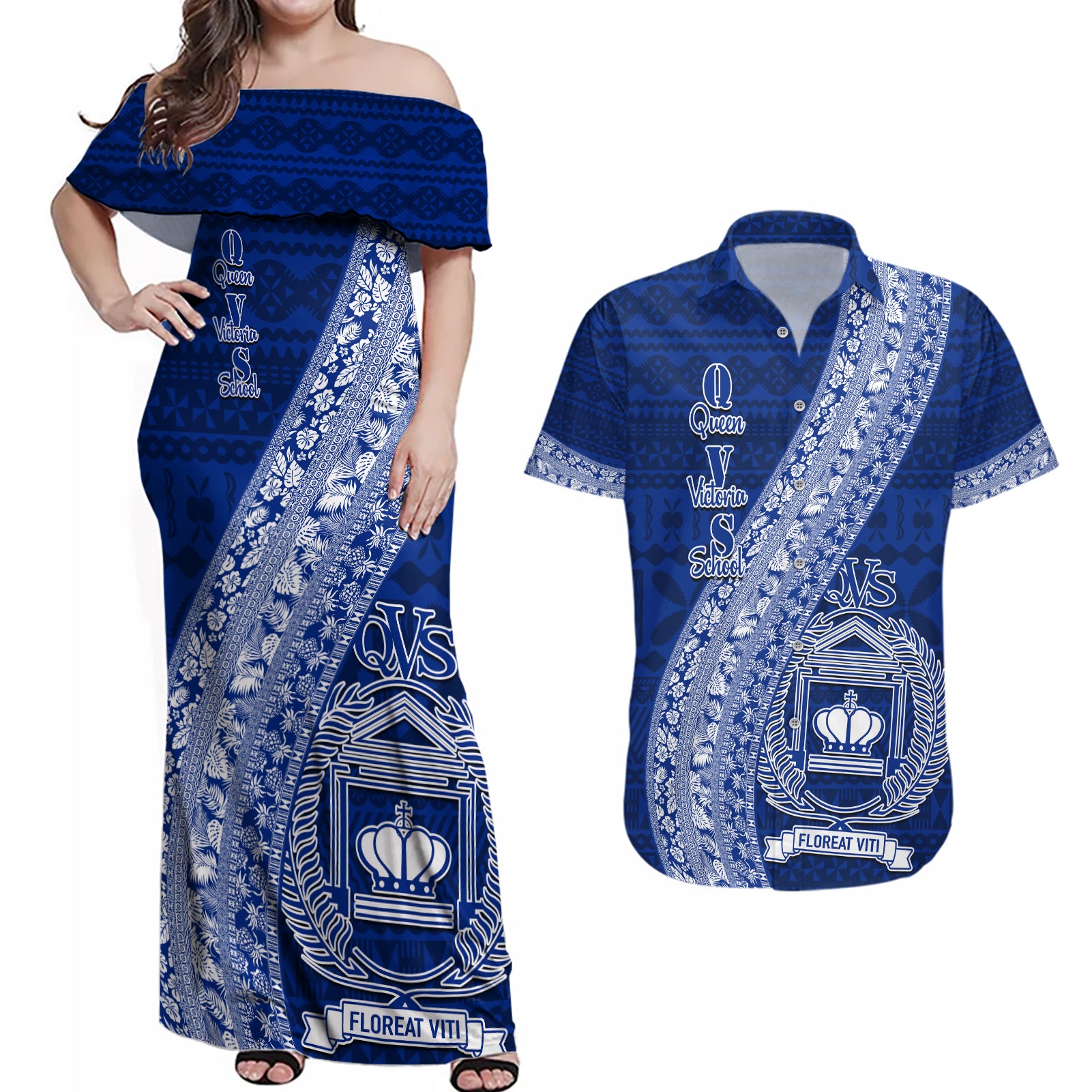 Personalised Fiji Queen Victoria School Couples Matching Off Shoulder Maxi Dress and Hawaiian Shirt Fijian Tapa Pattern - Wonder Print Shop