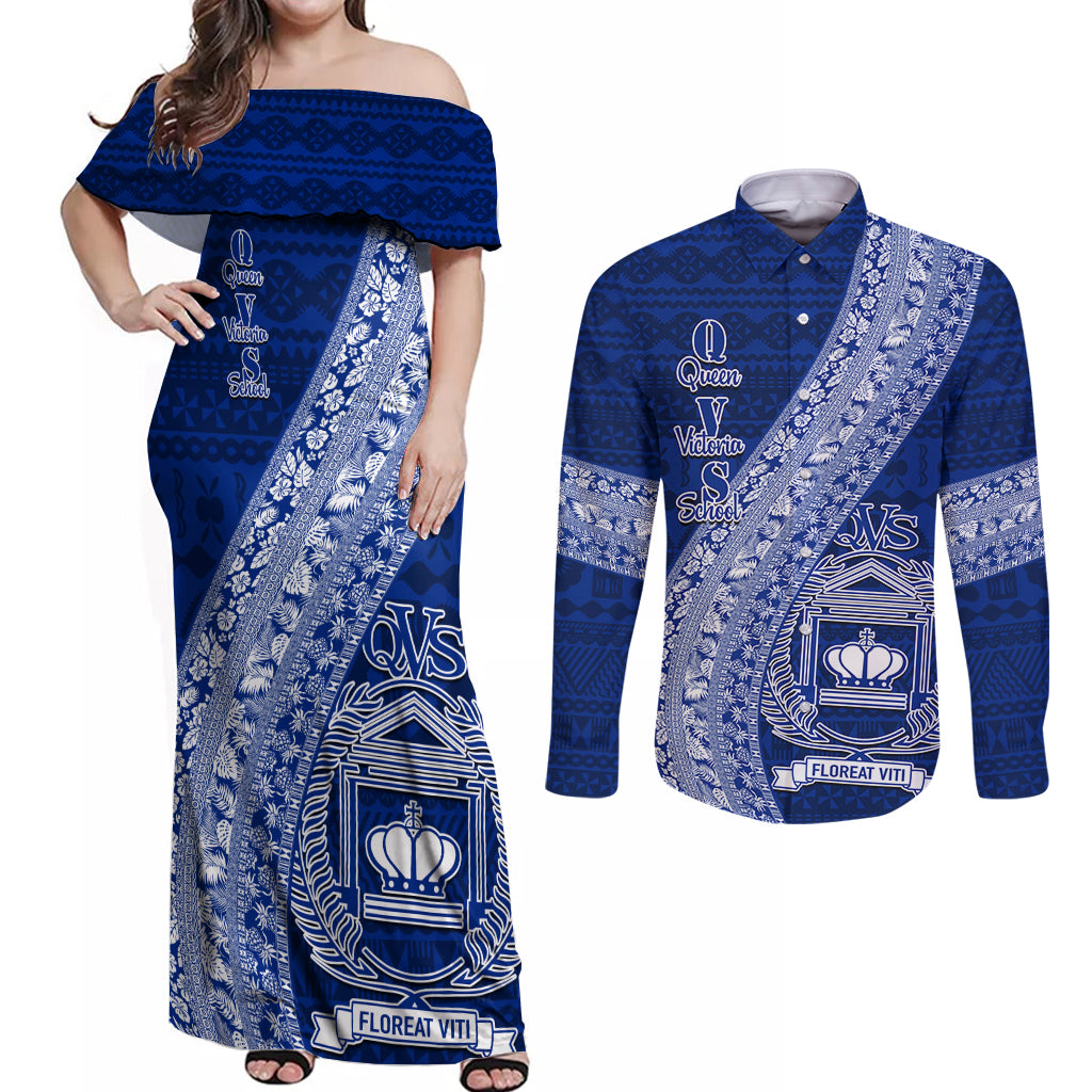 Personalised Fiji Queen Victoria School Couples Matching Off Shoulder Maxi Dress and Long Sleeve Button Shirt Fijian Tapa Pattern - Wonder Print Shop