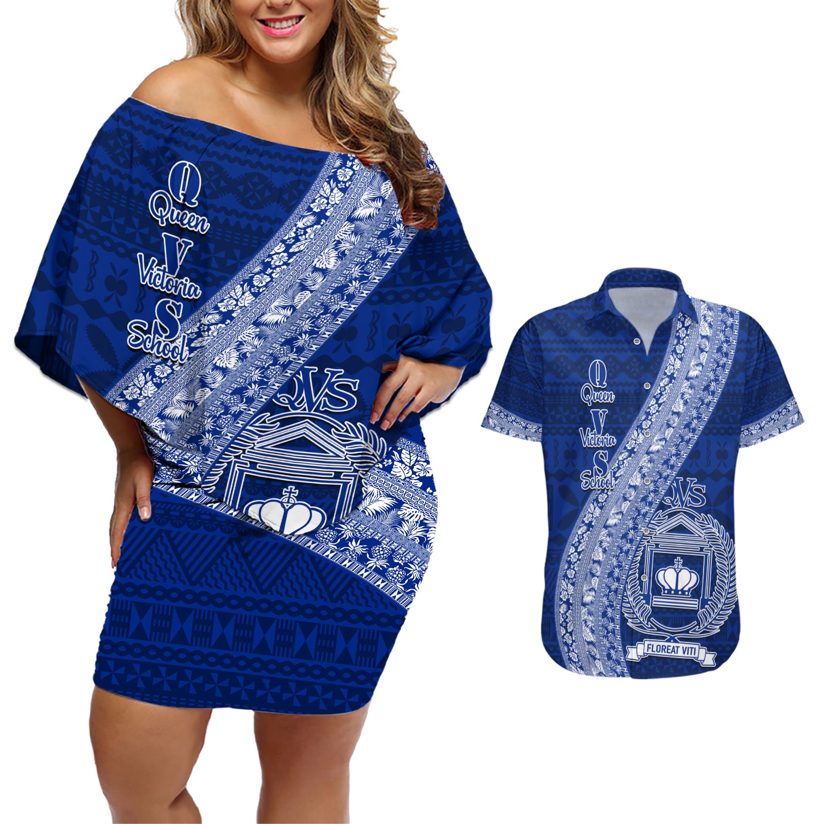 Personalised Fiji Queen Victoria School Couples Matching Off Shoulder Short Dress and Hawaiian Shirt Fijian Tapa Pattern - Wonder Print Shop