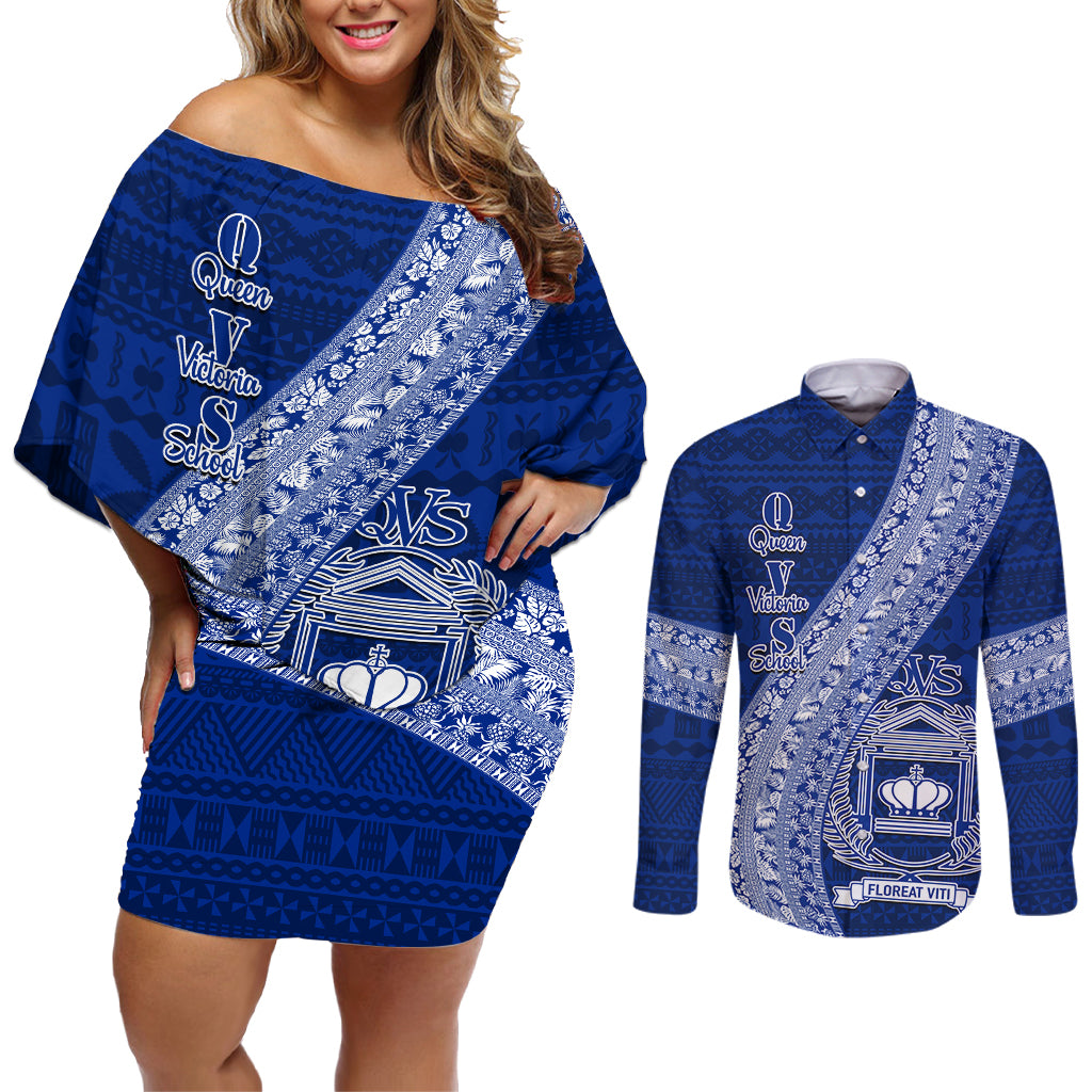 Personalised Fiji Queen Victoria School Couples Matching Off Shoulder Short Dress and Long Sleeve Button Shirt Fijian Tapa Pattern - Wonder Print Shop