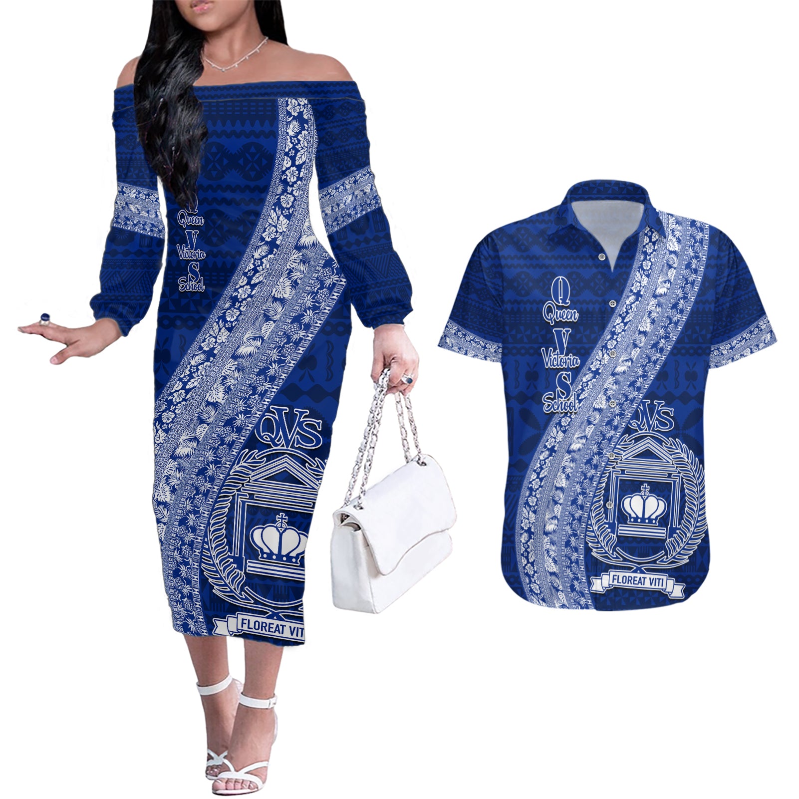 Personalised Fiji Queen Victoria School Couples Matching Off The Shoulder Long Sleeve Dress and Hawaiian Shirt Fijian Tapa Pattern - Wonder Print Shop