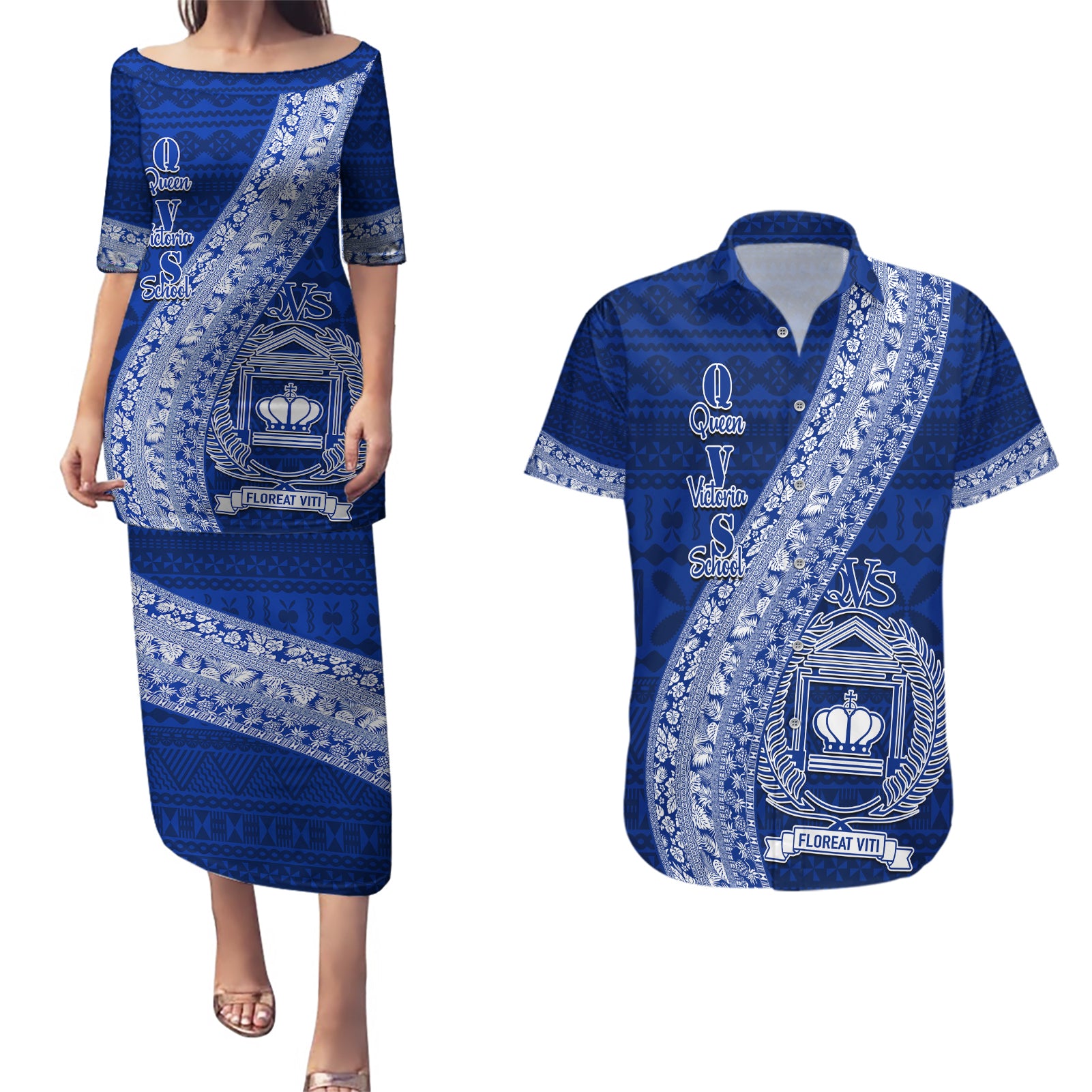 Personalised Fiji Queen Victoria School Couples Matching Puletasi Dress and Hawaiian Shirt Fijian Tapa Pattern - Wonder Print Shop