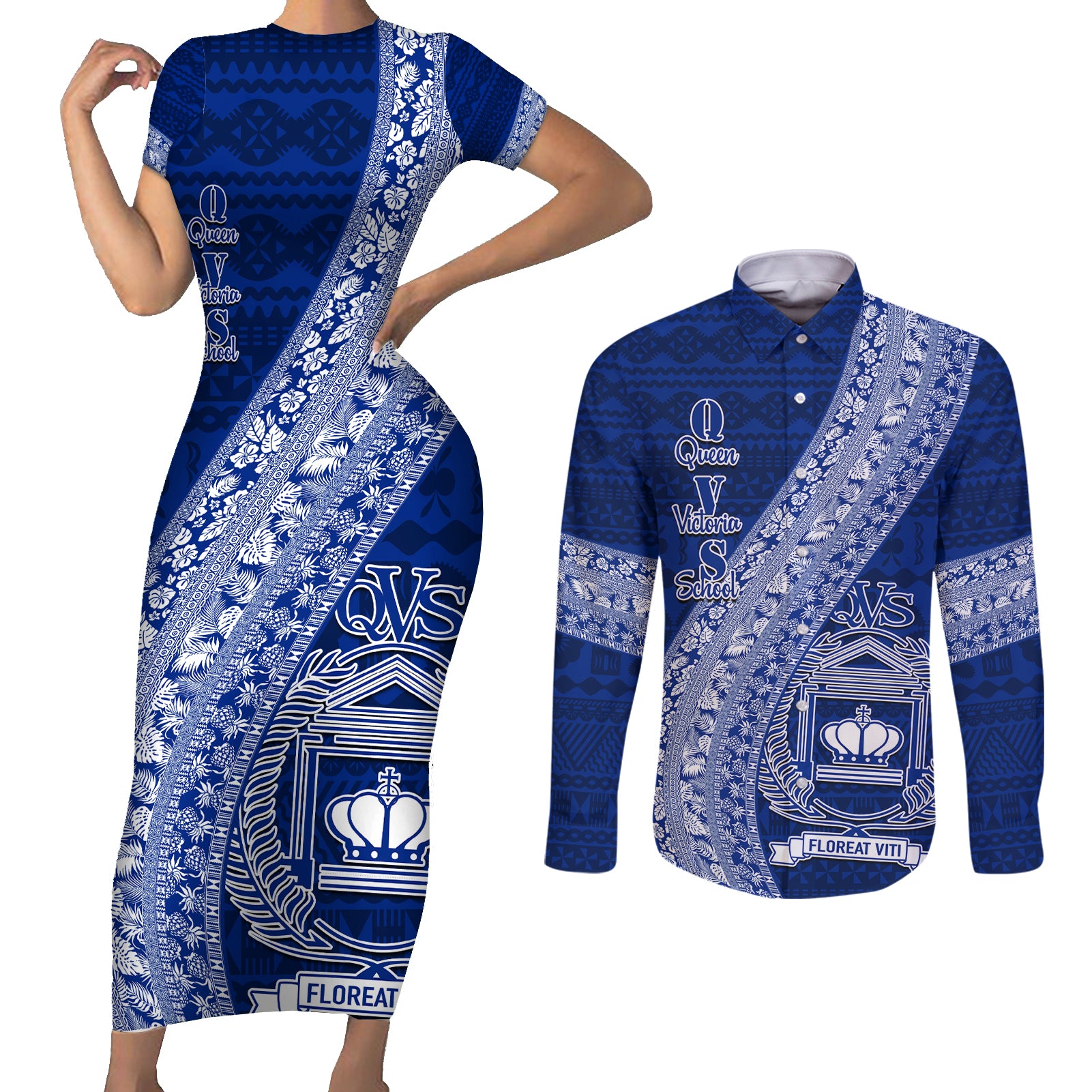 Personalised Fiji Queen Victoria School Couples Matching Short Sleeve Bodycon Dress and Long Sleeve Button Shirt Fijian Tapa Pattern - Wonder Print Shop