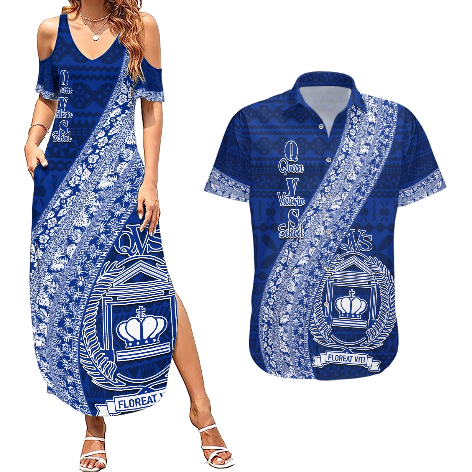 Personalised Fiji Queen Victoria School Couples Matching Summer Maxi Dress and Hawaiian Shirt Fijian Tapa Pattern - Wonder Print Shop