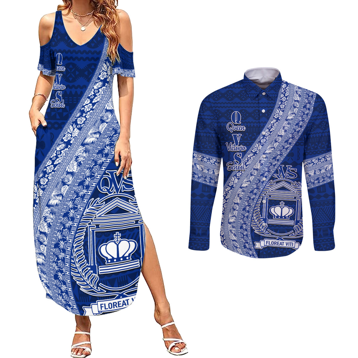 Personalised Fiji Queen Victoria School Couples Matching Summer Maxi Dress and Long Sleeve Button Shirt Fijian Tapa Pattern - Wonder Print Shop