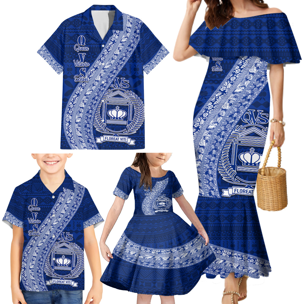 Personalised Fiji Queen Victoria School Family Matching Mermaid Dress and Hawaiian Shirt Fijian Tapa Pattern - Wonder Print Shop