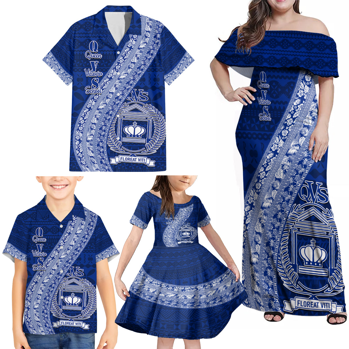 Personalised Fiji Queen Victoria School Family Matching Off Shoulder Maxi Dress and Hawaiian Shirt Fijian Tapa Pattern - Wonder Print Shop