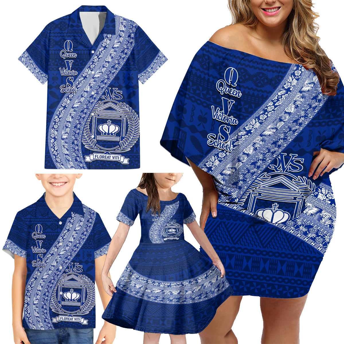 Personalised Fiji Queen Victoria School Family Matching Off Shoulder Short Dress and Hawaiian Shirt Fijian Tapa Pattern - Wonder Print Shop