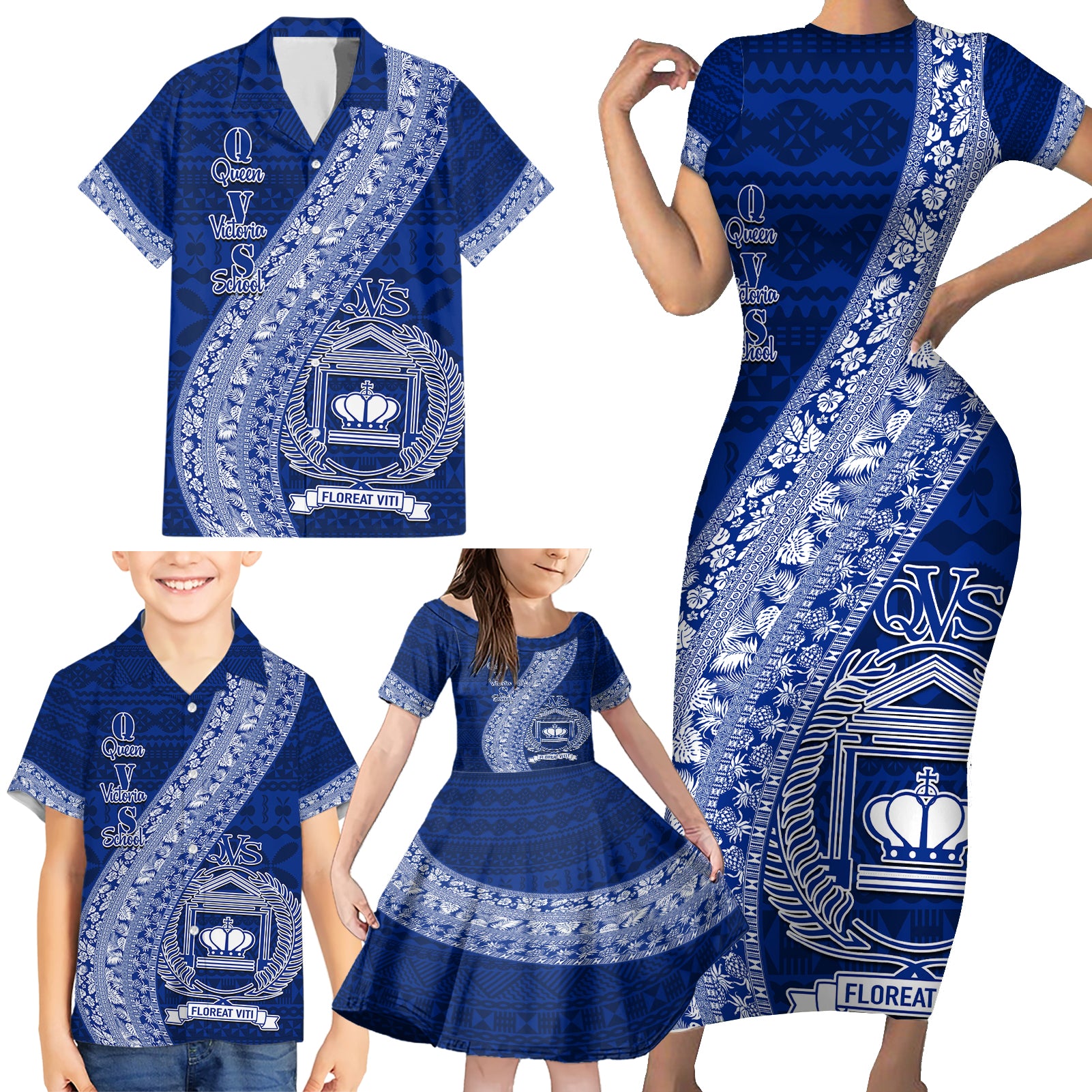 Personalised Fiji Queen Victoria School Family Matching Short Sleeve Bodycon Dress and Hawaiian Shirt Fijian Tapa Pattern - Wonder Print Shop