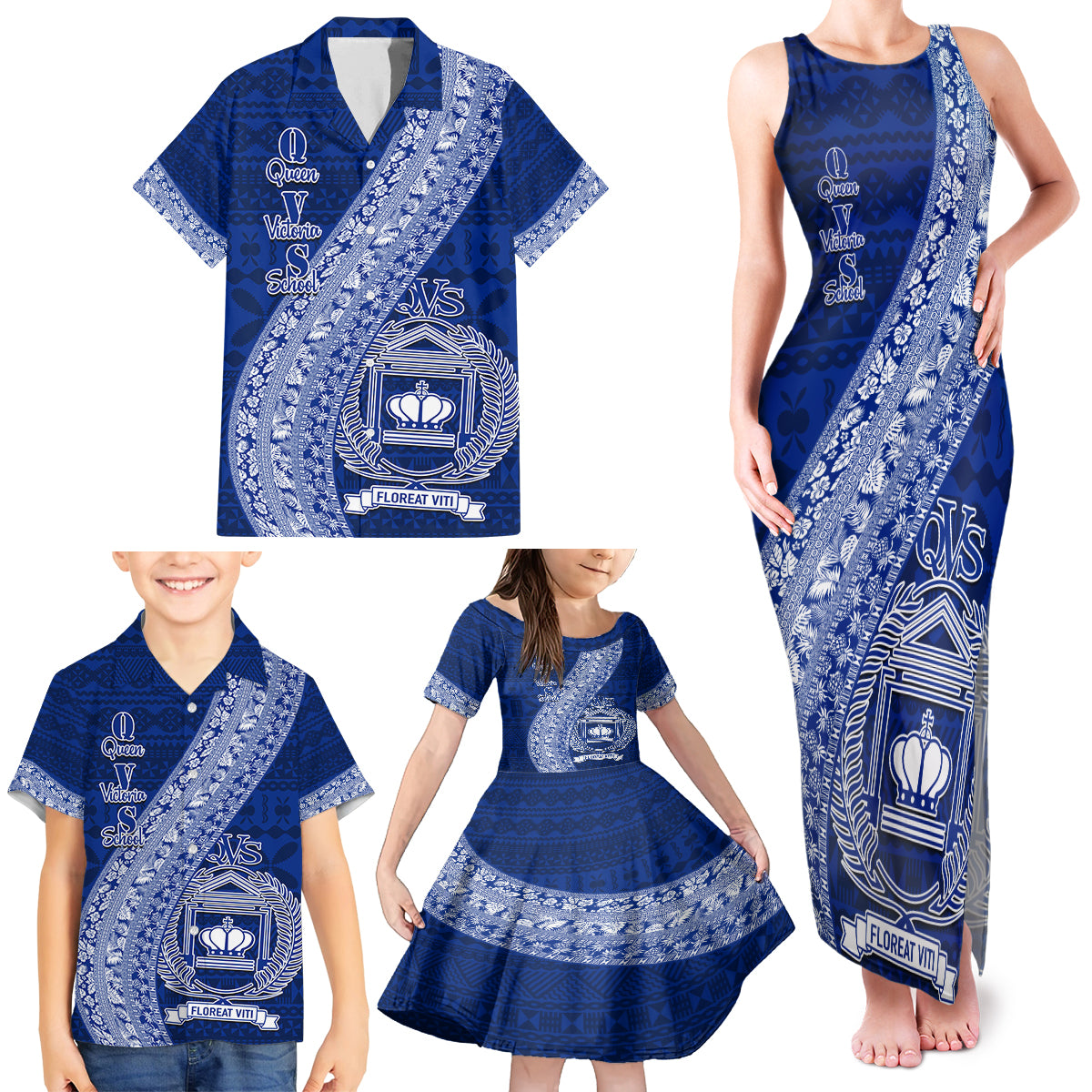 Personalised Fiji Queen Victoria School Family Matching Tank Maxi Dress and Hawaiian Shirt Fijian Tapa Pattern - Wonder Print Shop