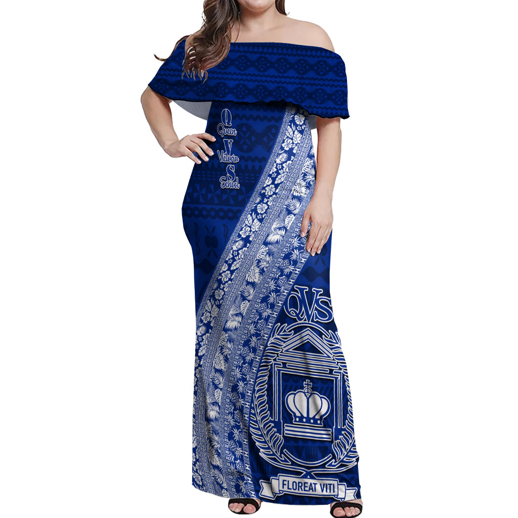 Personalised Fiji Queen Victoria School Off Shoulder Maxi Dress Fijian Tapa Pattern - Wonder Print Shop