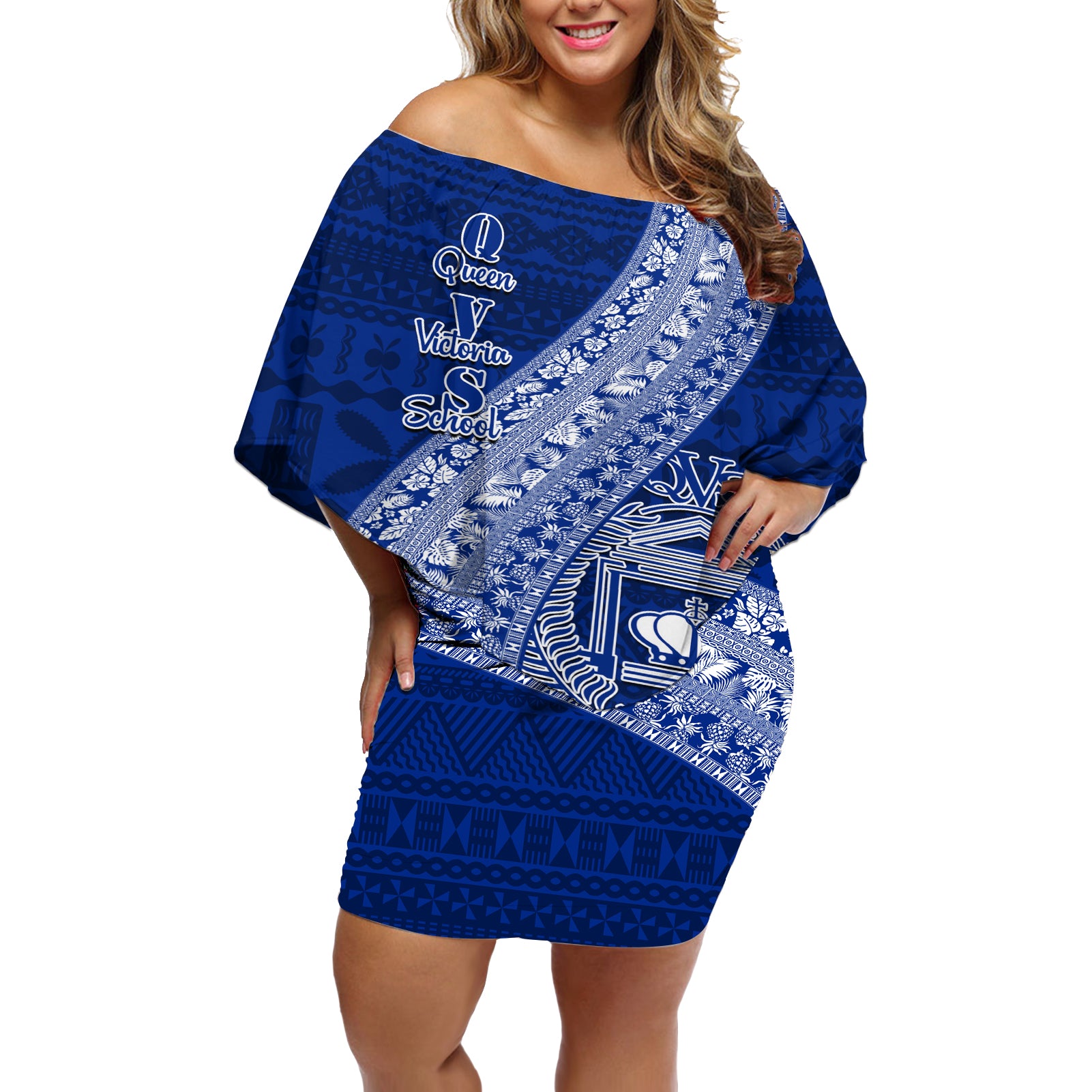 Personalised Fiji Queen Victoria School Off Shoulder Short Dress Fijian Tapa Pattern - Wonder Print Shop