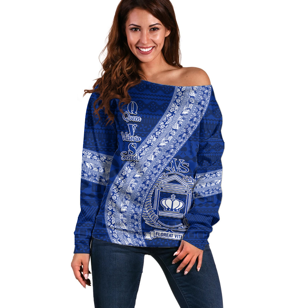 Personalised Fiji Queen Victoria School Off Shoulder Sweater Fijian Tapa Pattern - Wonder Print Shop