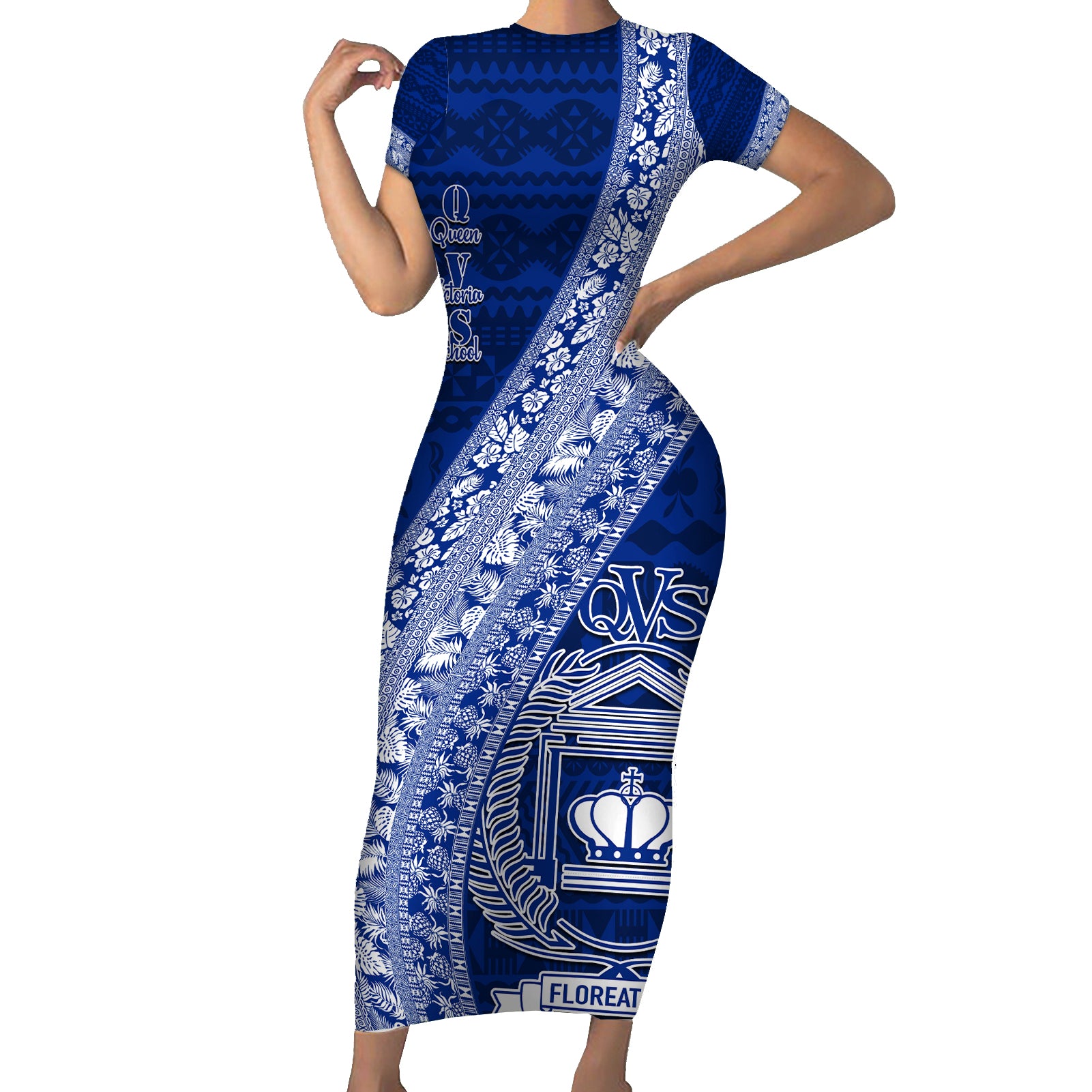 Personalised Fiji Queen Victoria School Short Sleeve Bodycon Dress Fijian Tapa Pattern - Wonder Print Shop