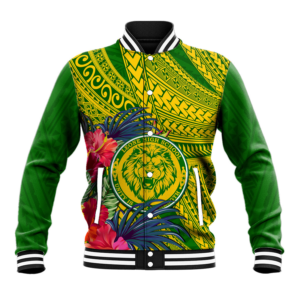 Green high school varsity baseball jacket with lion logo, tropical flowers, striped rib cuffs
