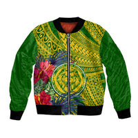 Green unisex bomber jacket with full-zip front, crest graphic and tropical flower print