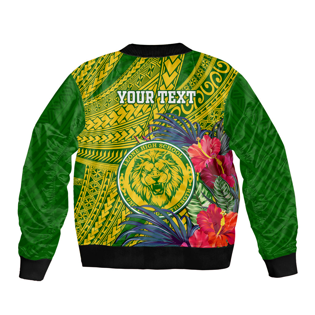 Green unisex bomber jacket, back graphic with crest, tropical flowers, and placeholder text