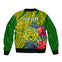 Green unisex bomber jacket, back graphic with crest, tropical flowers, and placeholder text