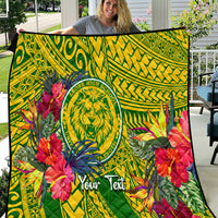 Personalized green tropical quilt with lion crest, hibiscus flowers, and geometric pattern