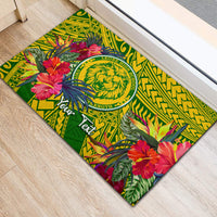 Green rubber doormat with floral border, lion medallion emblem, and custom "Your Text" panel