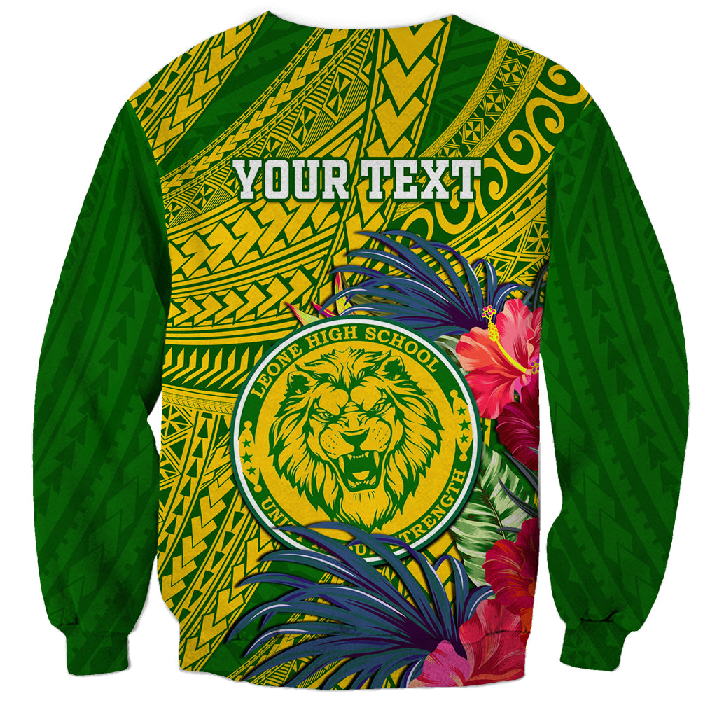 Green pullover sweatshirt with 'YOUR TEXT' and lion crest, blue leaves and hibiscus