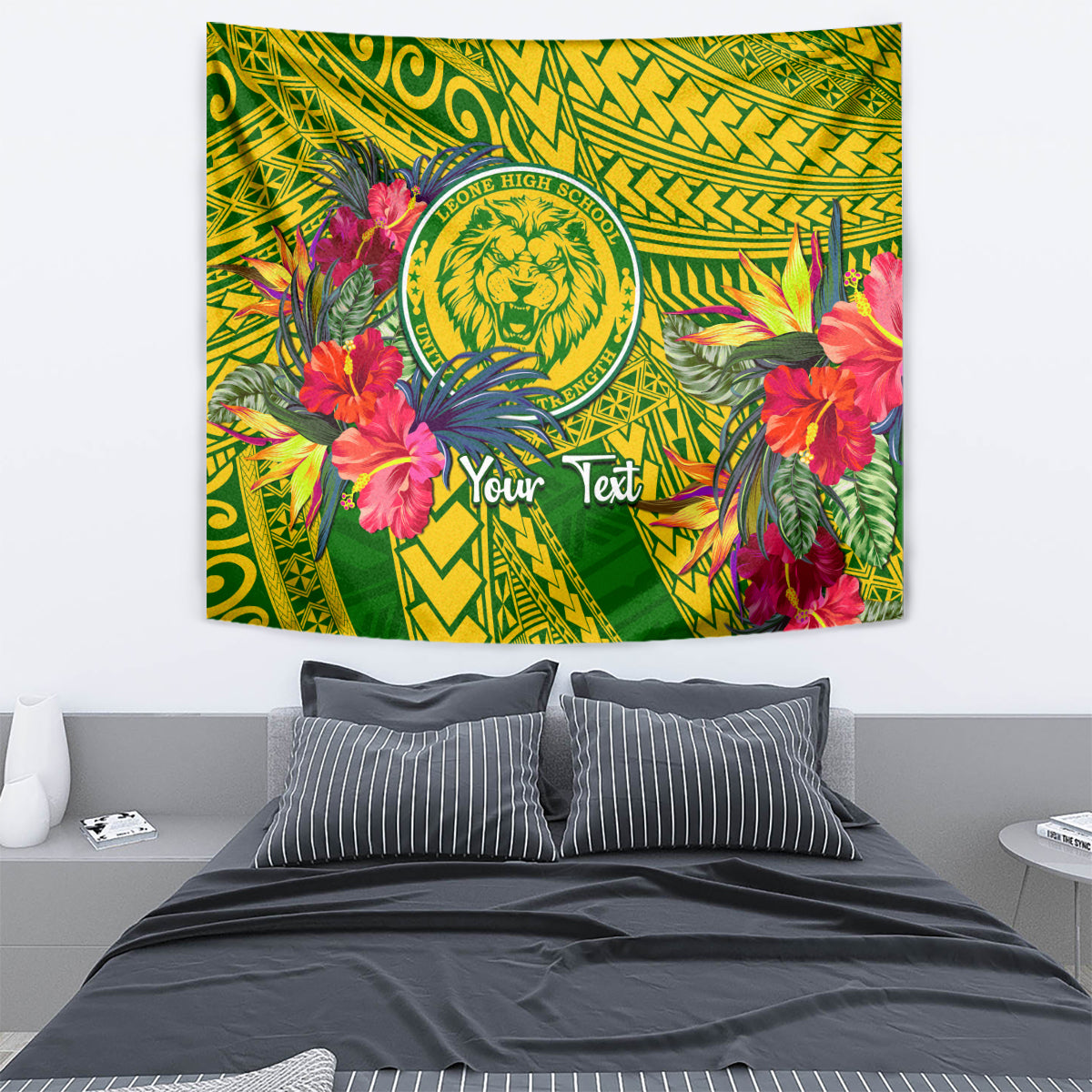 Green decorative tapestry featuring a lion badge, tropical flowers, and custom text