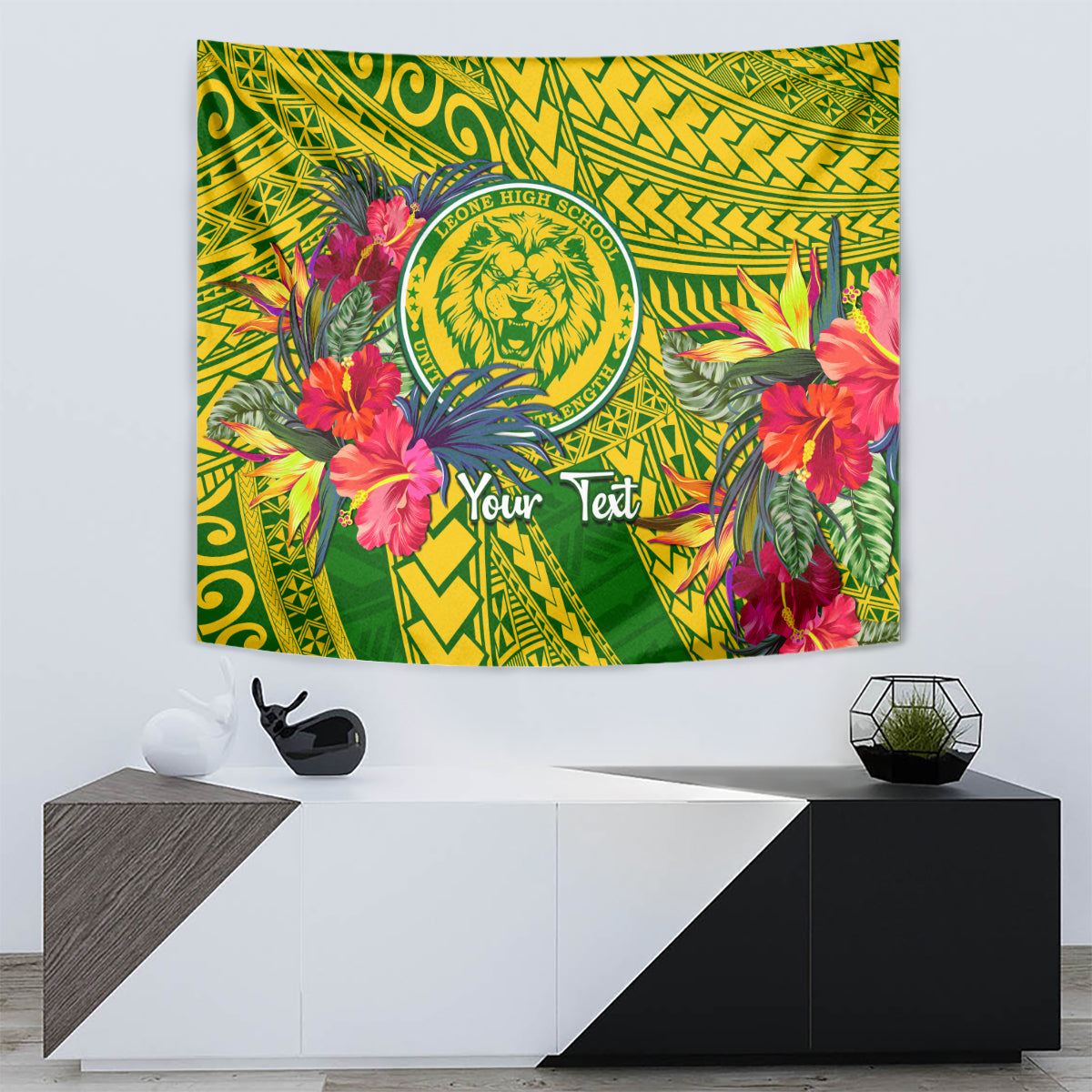 Green school tapestry with lion crest, tropical blossoms, and “Your Text”