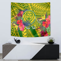 Green school tapestry with lion crest, tropical blossoms, and “Your Text”