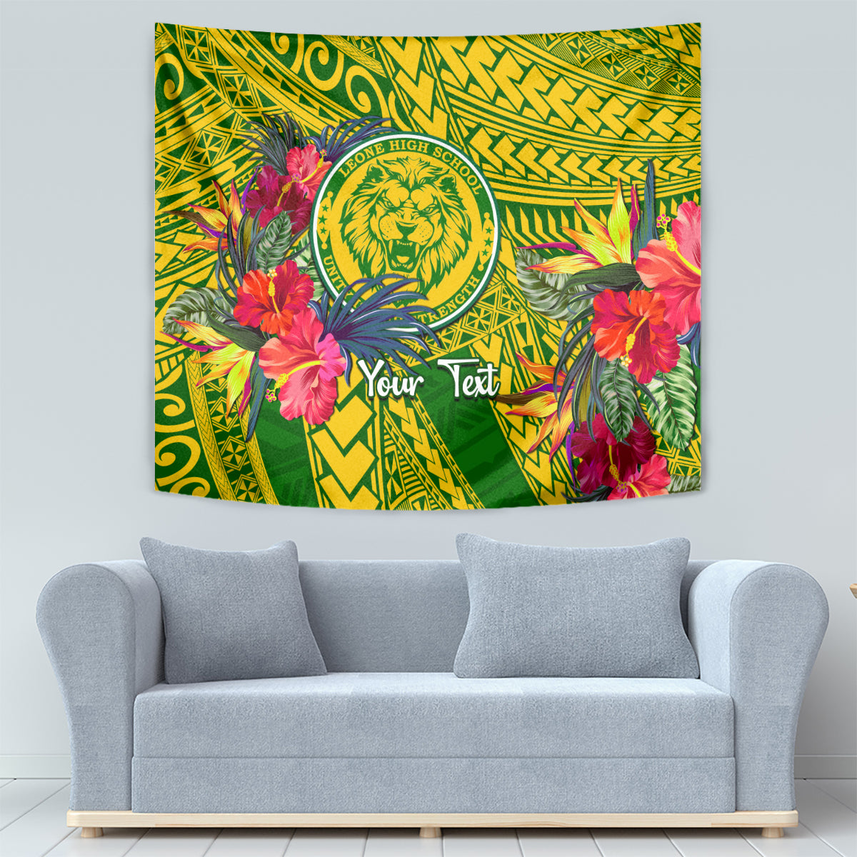 Green floral tapestry with lion emblem and leaf-and-flower border design