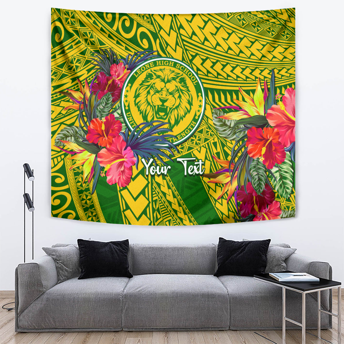 Green wall tapestry with lion crest, tropical flowers, and centered “Your Text”