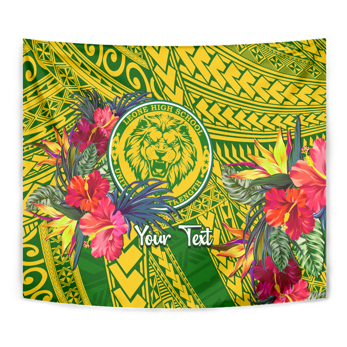Green tropical tapestry with lion emblem crest and blank “Your Text” space