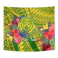 Green tropical tapestry with lion emblem crest and blank “Your Text” space