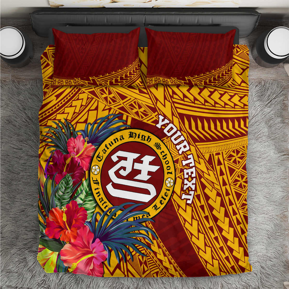 Maroon and gold bedding set with floral print, circle crest, and geometric pattern