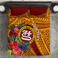 Maroon and gold bedding set with floral print, circle crest, and geometric pattern
