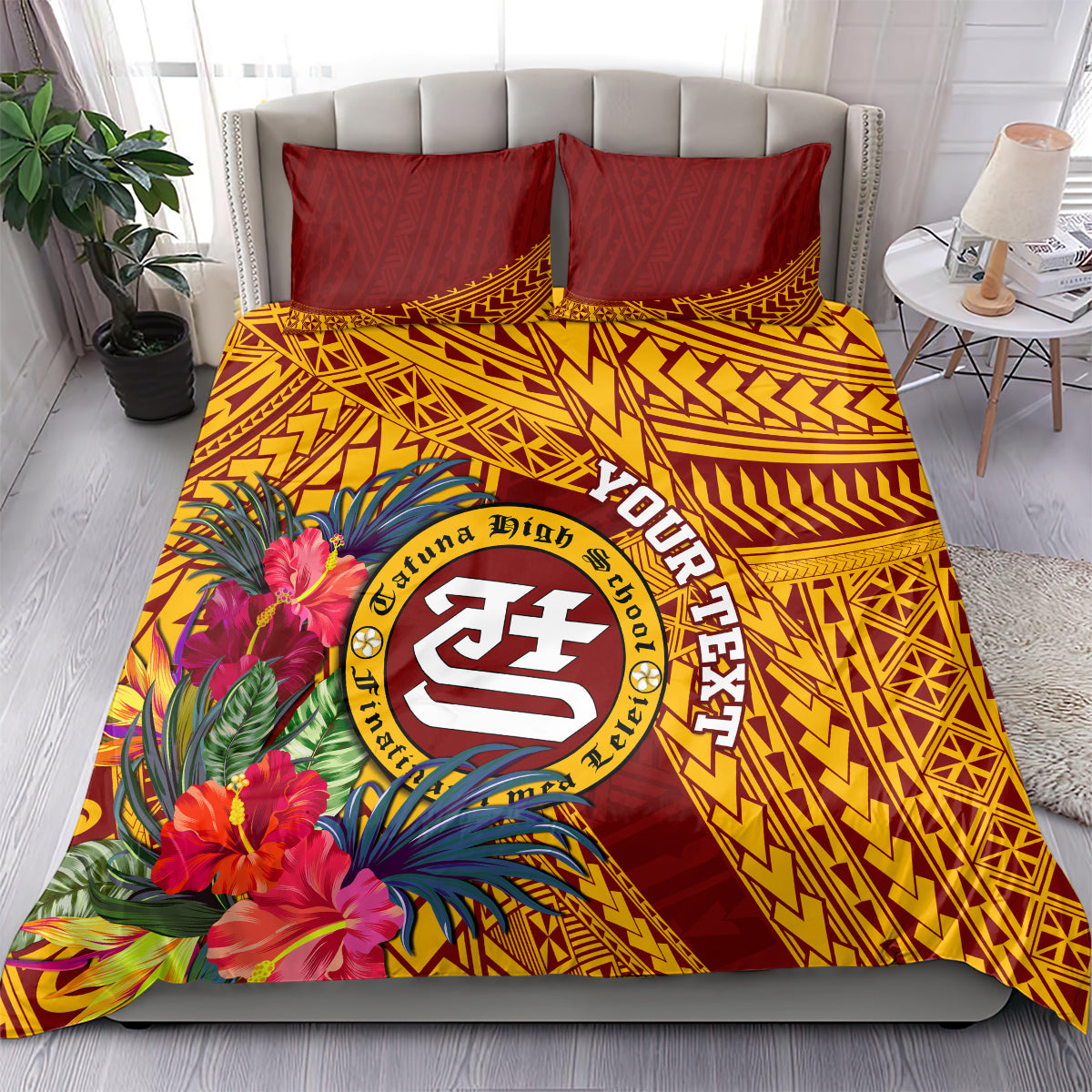 Maroon and gold bedding set with floral corner print, circular crest, and zigzag pattern