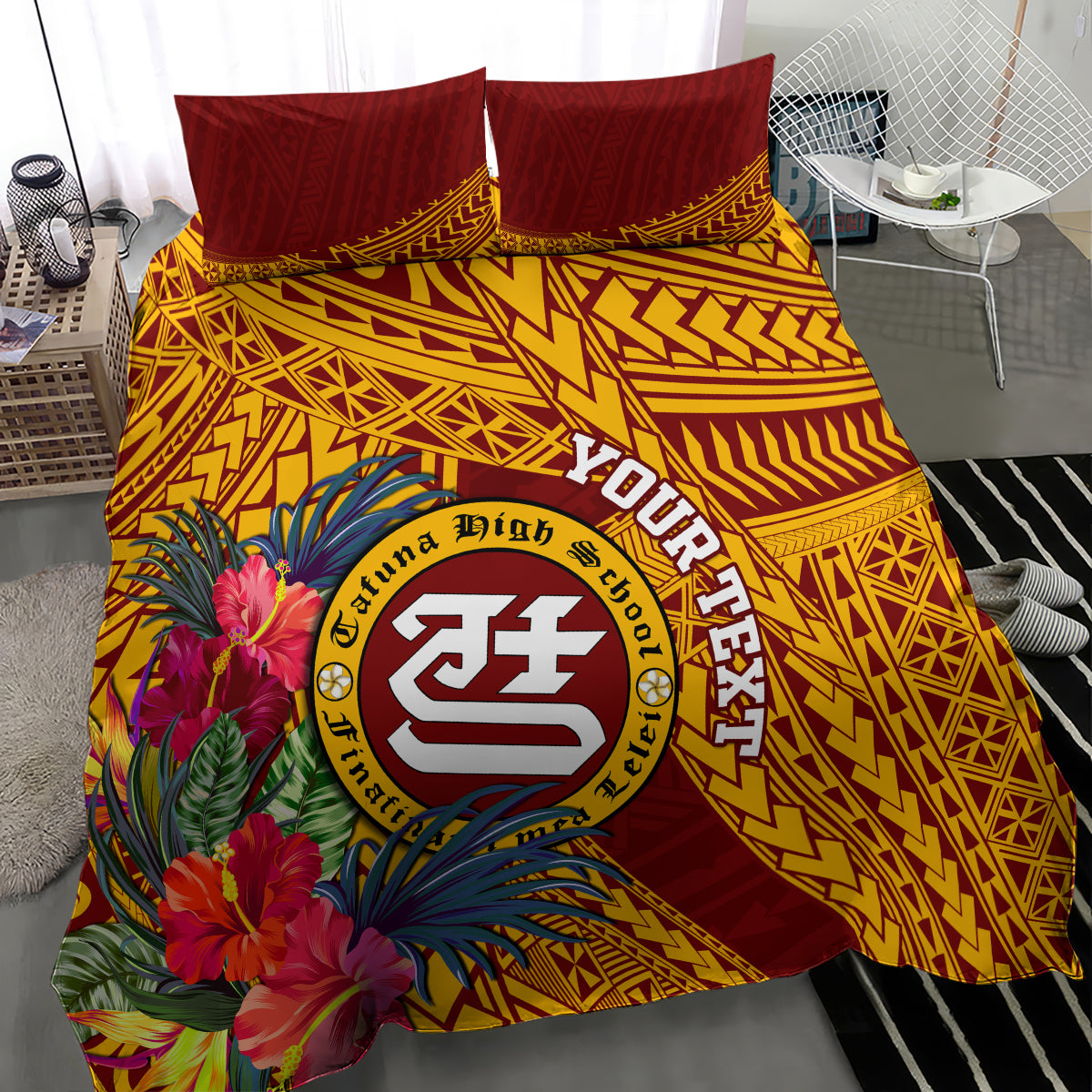 Maroon-and-gold bedding set with floral design, circular crest, and geometric zigzag fabric
