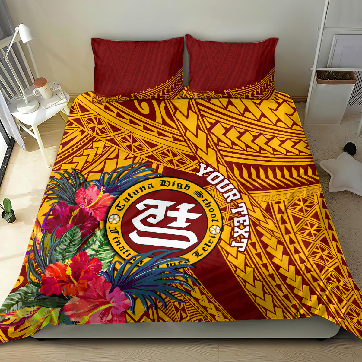 Maroon and gold bedding set with large circular crest, tropical flowers, and patterned comforter