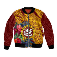 Maroon bomber jacket with front zip, Polynesian pattern and tropical flowers badge
