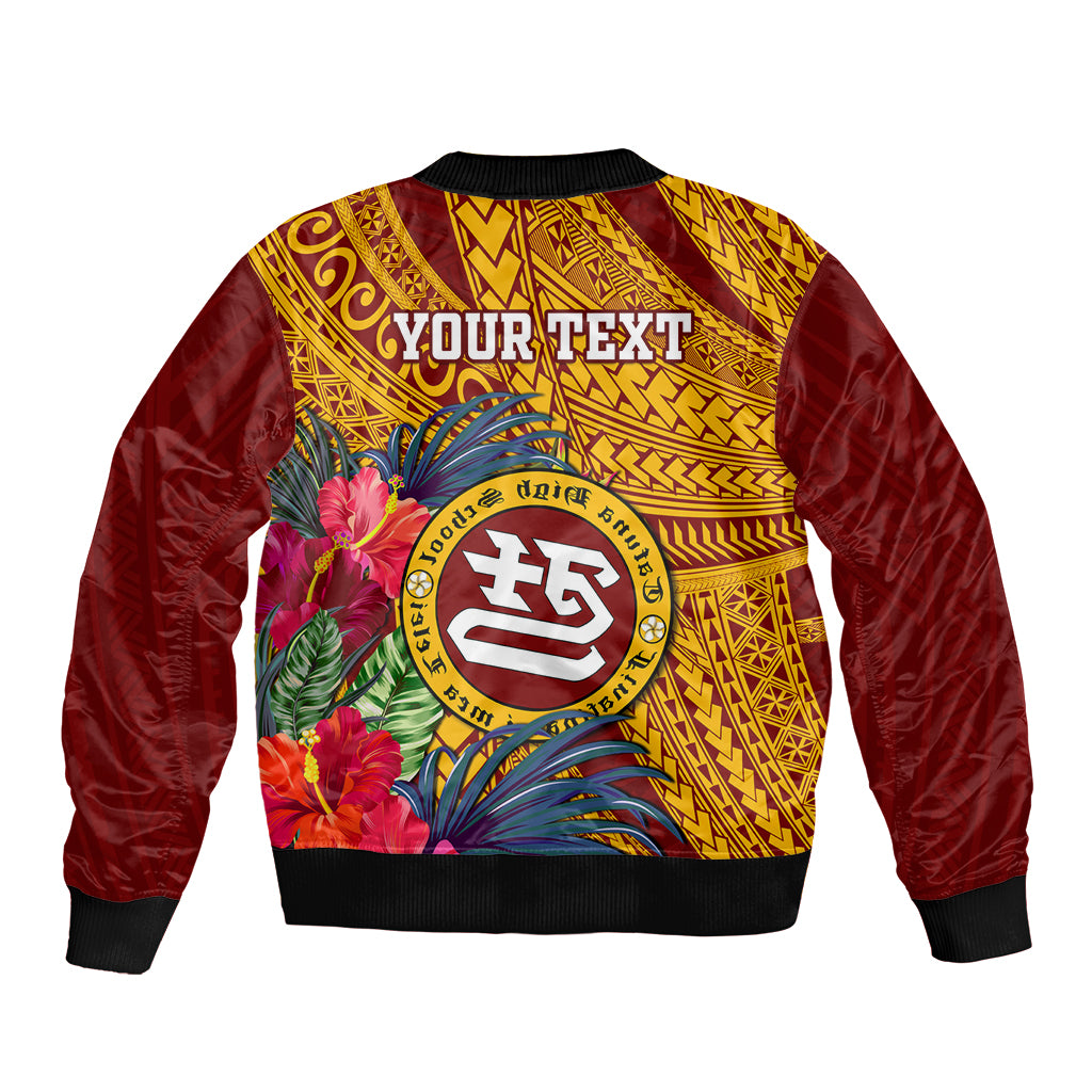Maroon bomber jacket with front zip, Polynesian pattern, tropical flowers, 'YOUR TEXT'