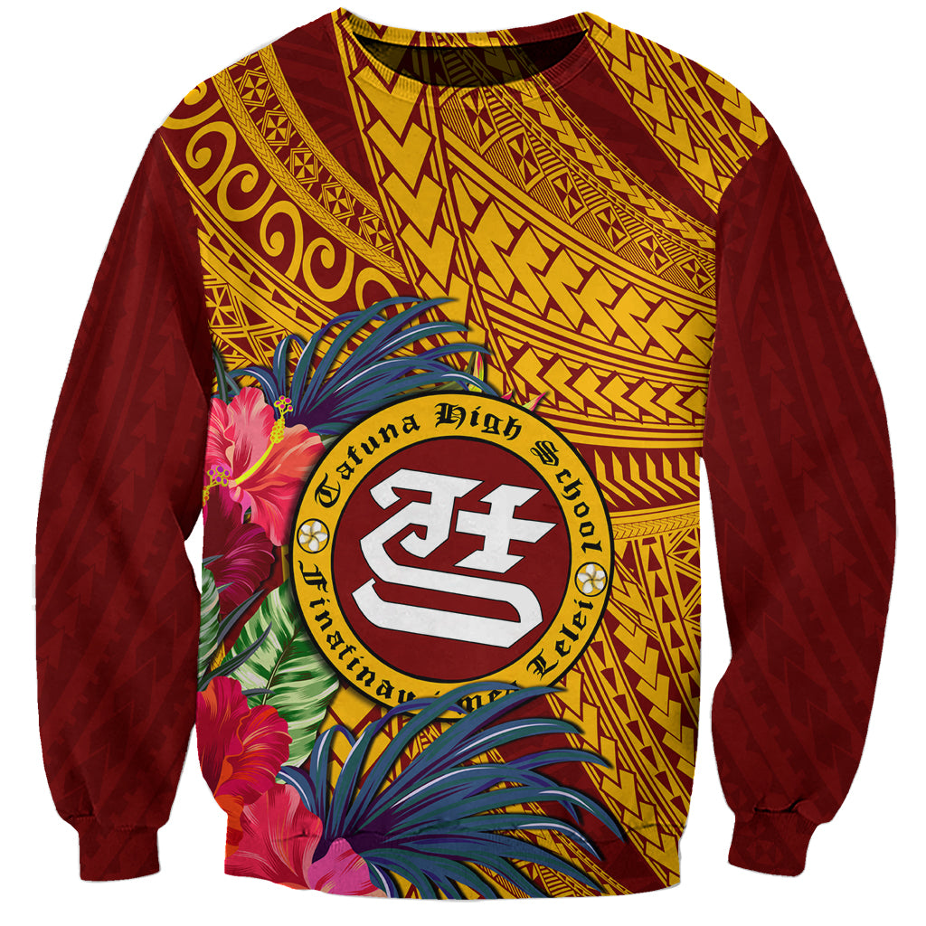 Maroon crewneck sweatshirt with yellow tribal print, flowers, and circular school crest