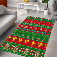 Christmas area rug in red and green with palm trees, snowmen, and candy cane motifs