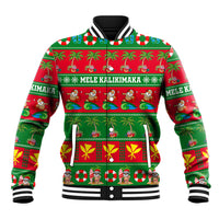 Green and red holiday baseball jacket with striped collar, cuff, and hem; Mele Kalikimaka print