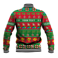 Green and red holiday baseball jacket back with striped ribbed collar and Your Text band